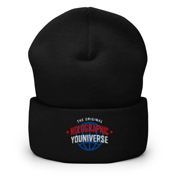 Holographic YOUniverse Hat – Cuffed Beanie Unisex (White Text) - Image 9